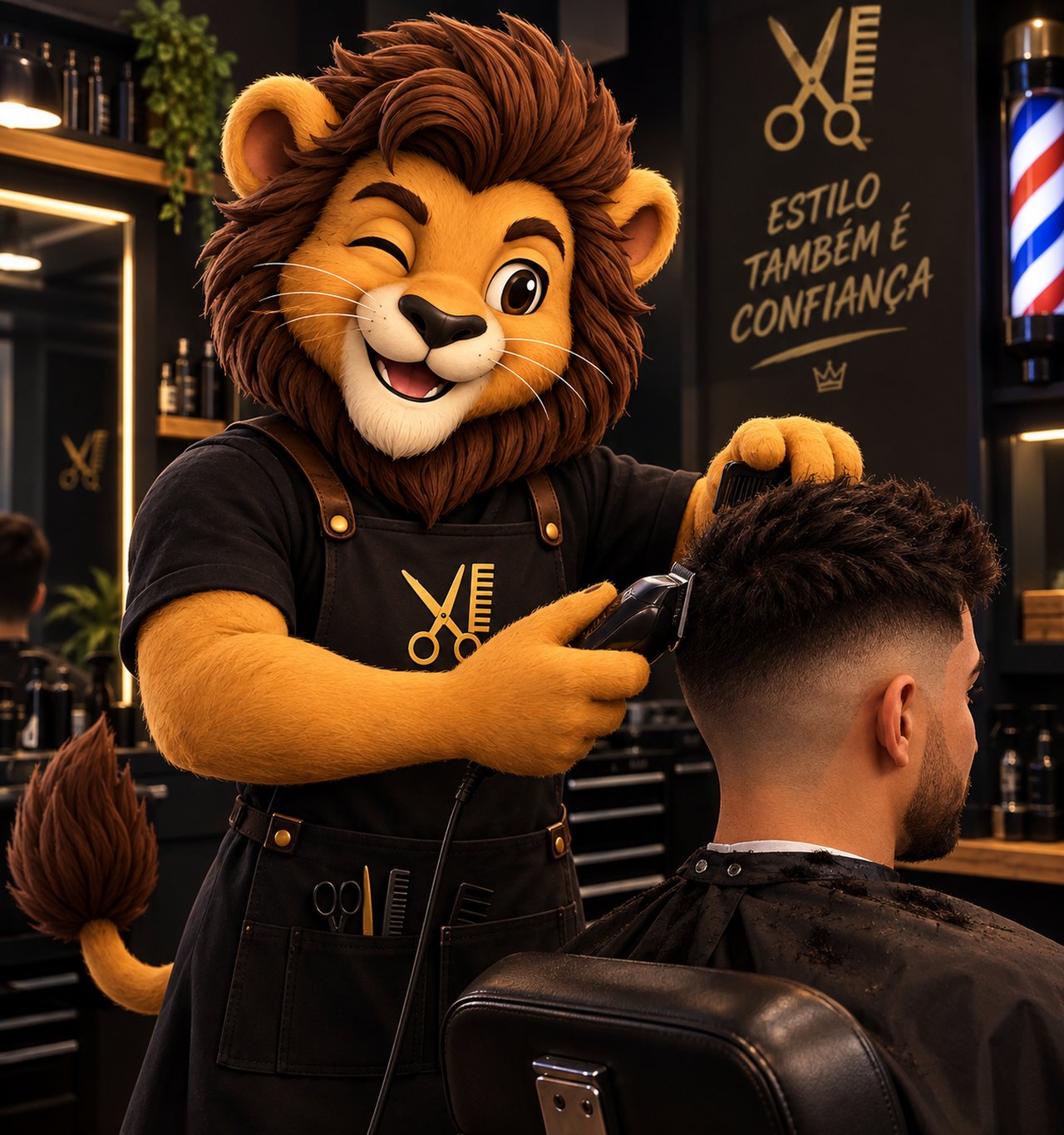 Léo atendendo um cliente na cadeira da barbearia