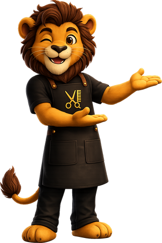 Léo, o mascote do BarberVIP: um leão barbeiro de avental preto